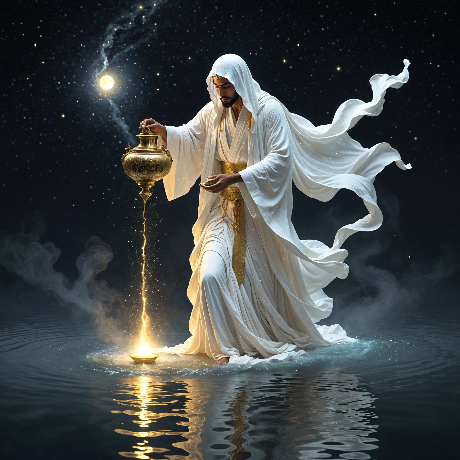 Celestial Being Pours Starlight in Surreal Scene