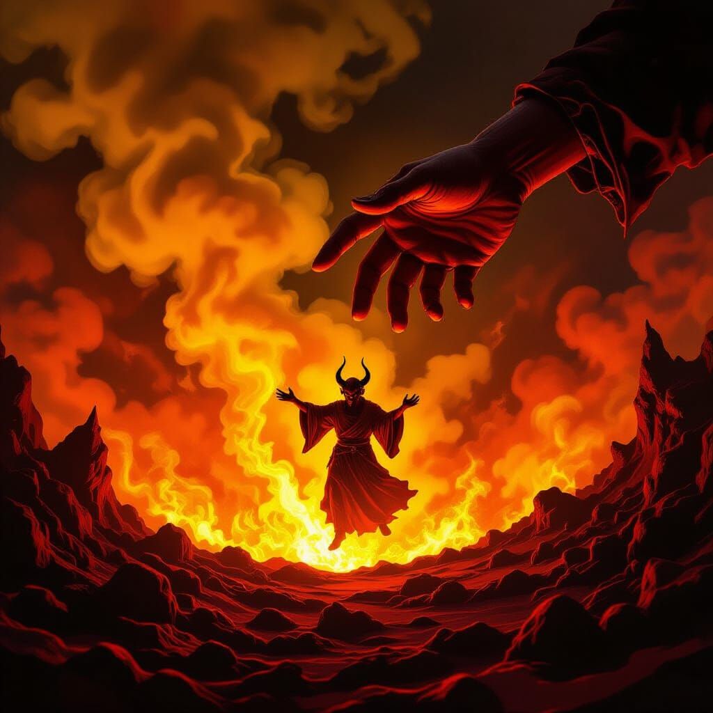 Divine Hand Drops Satan into Fiery Hellscape