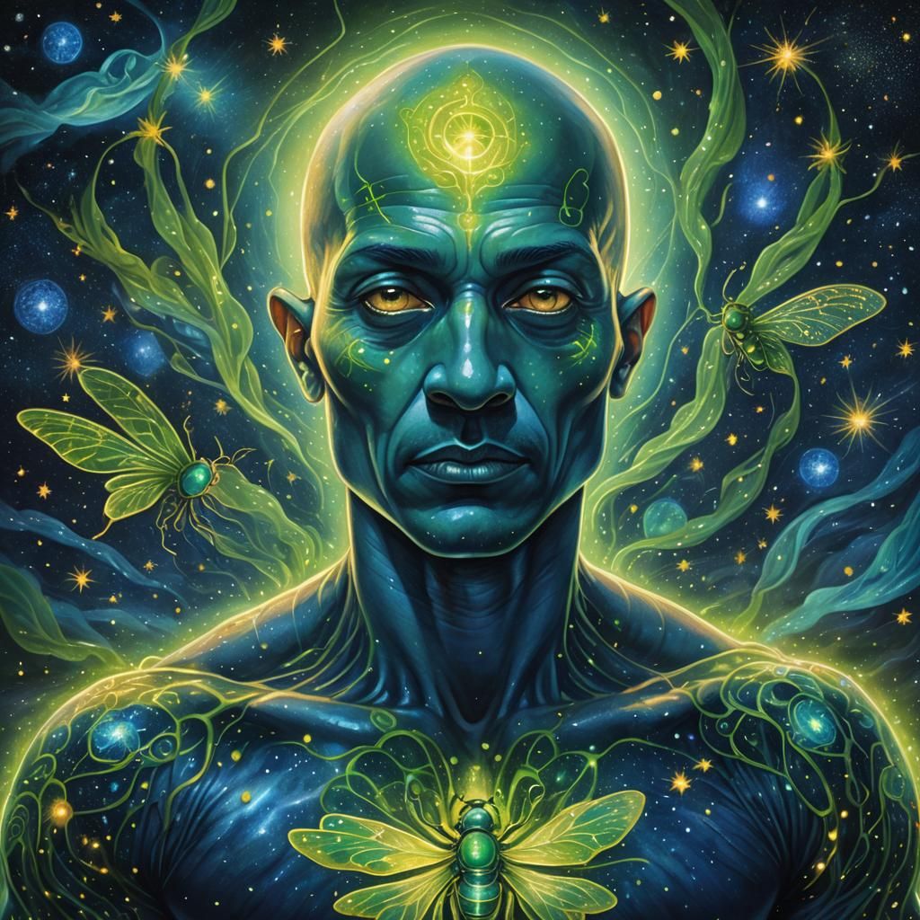 Blue Man with Firefly: Astral Cosmic Illustration