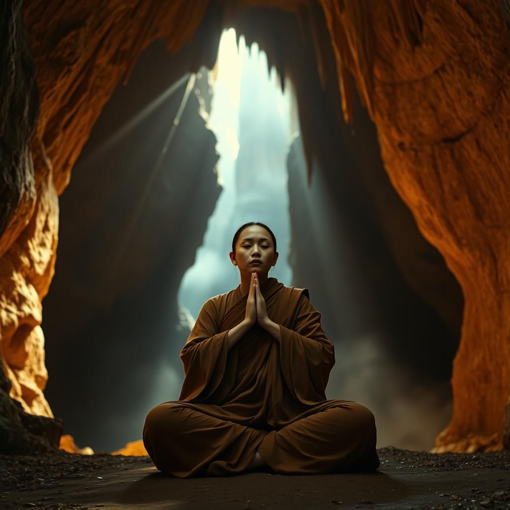 Monk Meditating in Prehistoric Cave Entrance