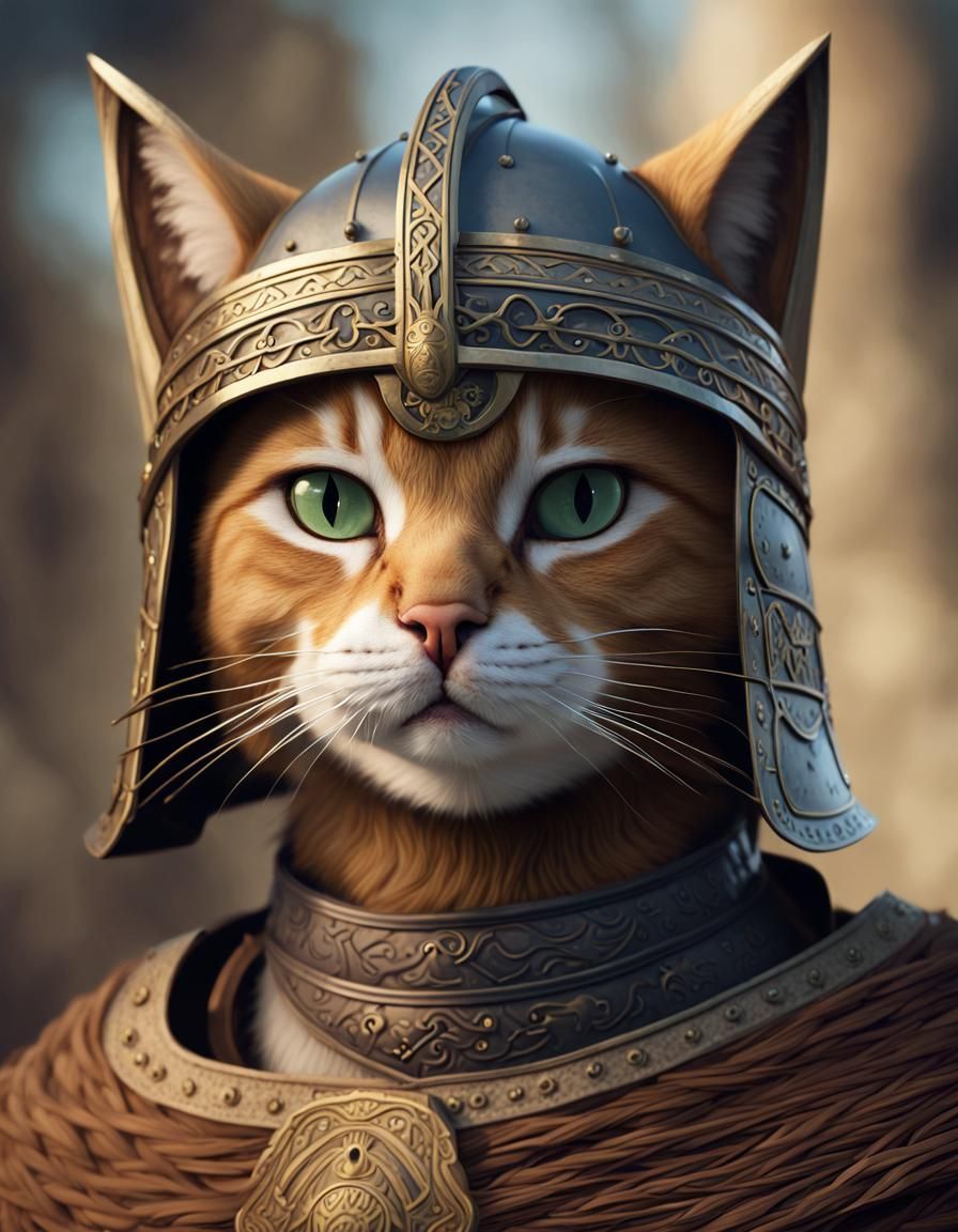 a cat in Anglo Saxon clothes wearing the Sutton Hoo Helmet