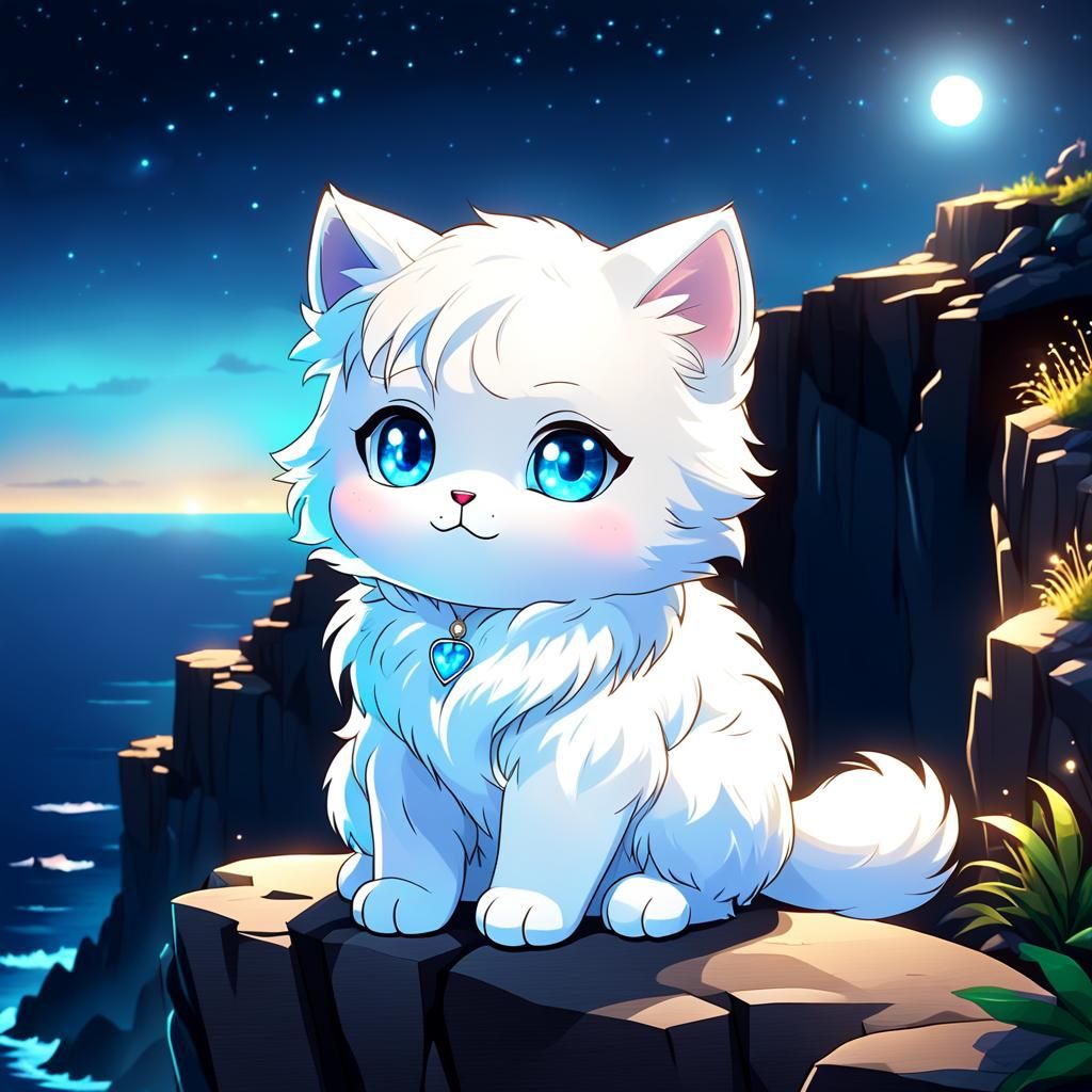 Chibi Cat on Cliff at Night in 8K