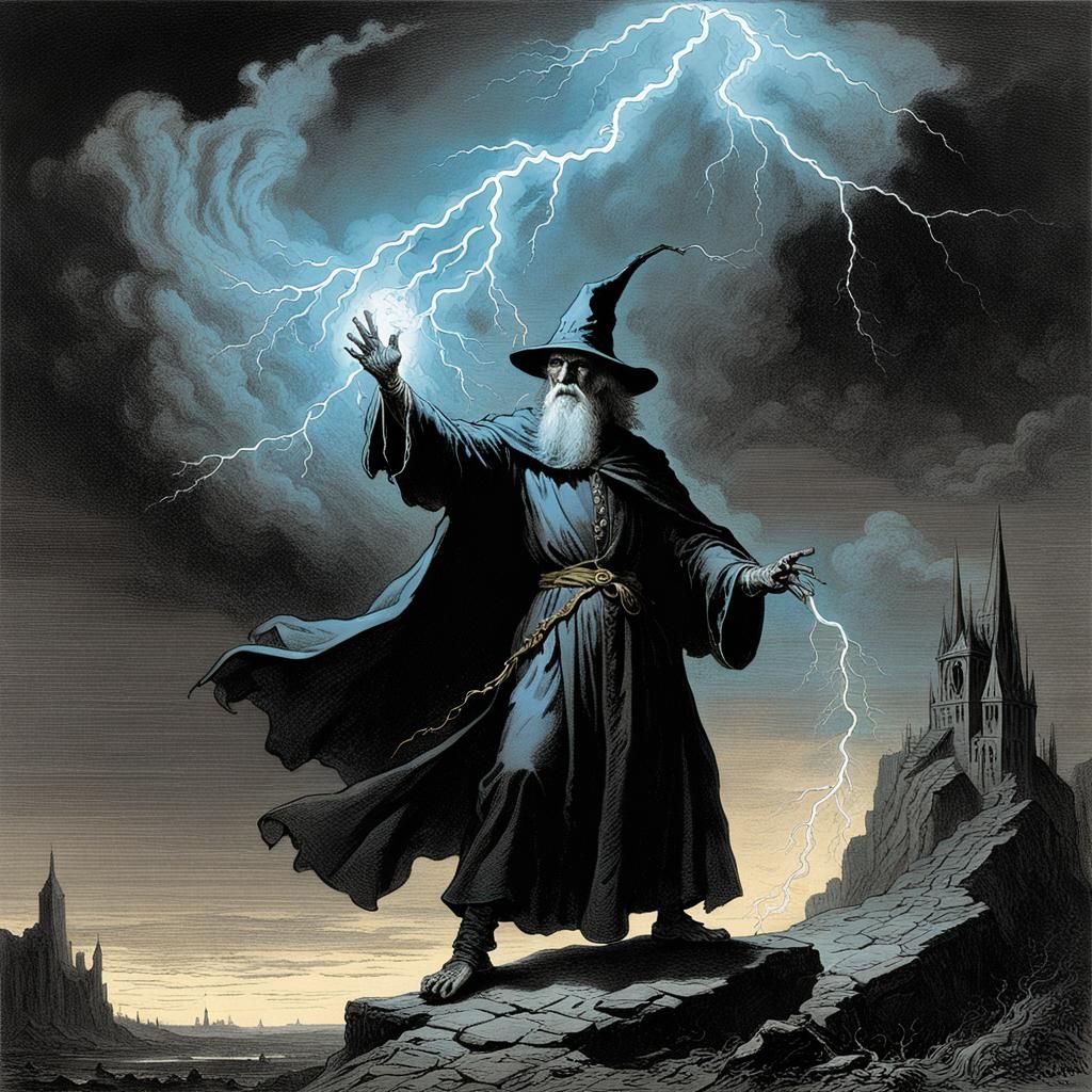 Wizard Conjures Lightning: Dark Fantasy Illustration