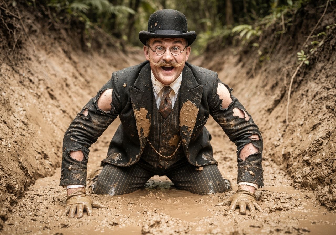 Mud-Covered Edwardian Gentleman in Sepia Photograph