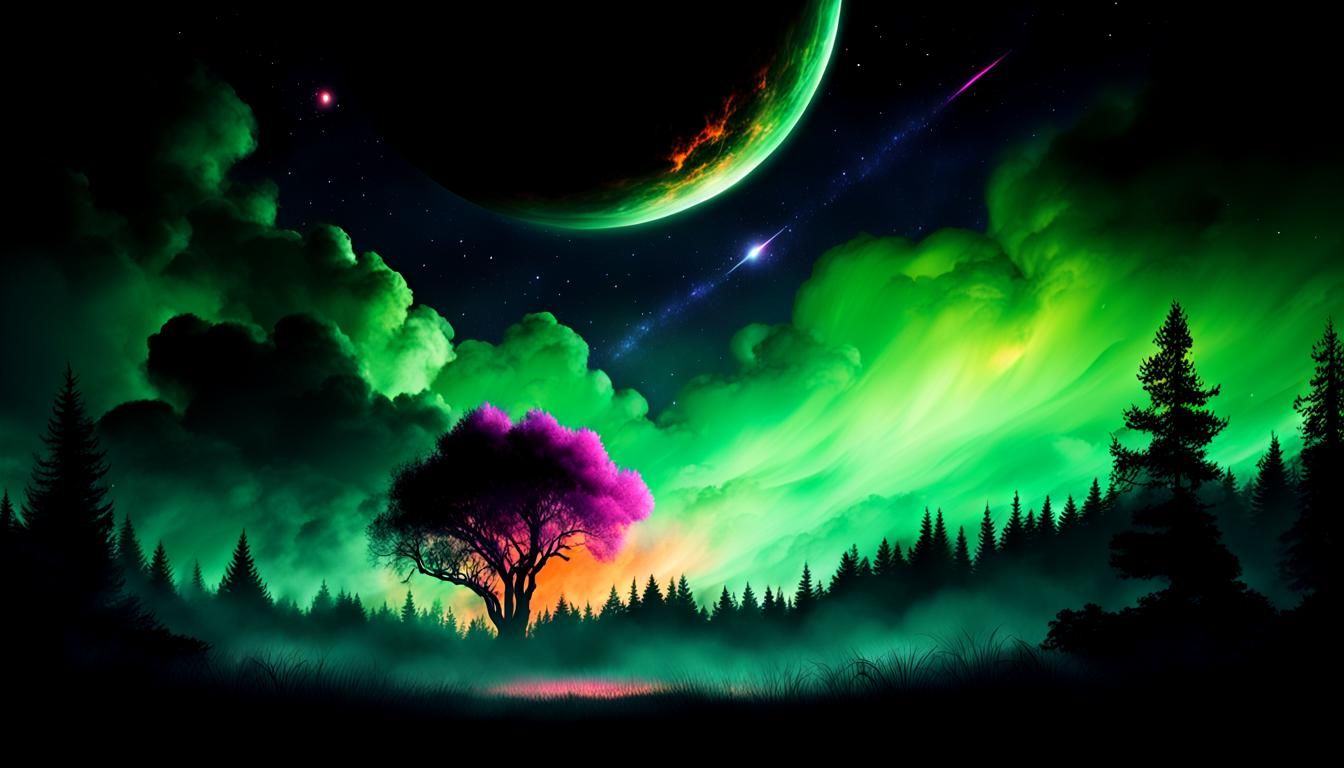 Ominous Night Sky with Haze and Explosion