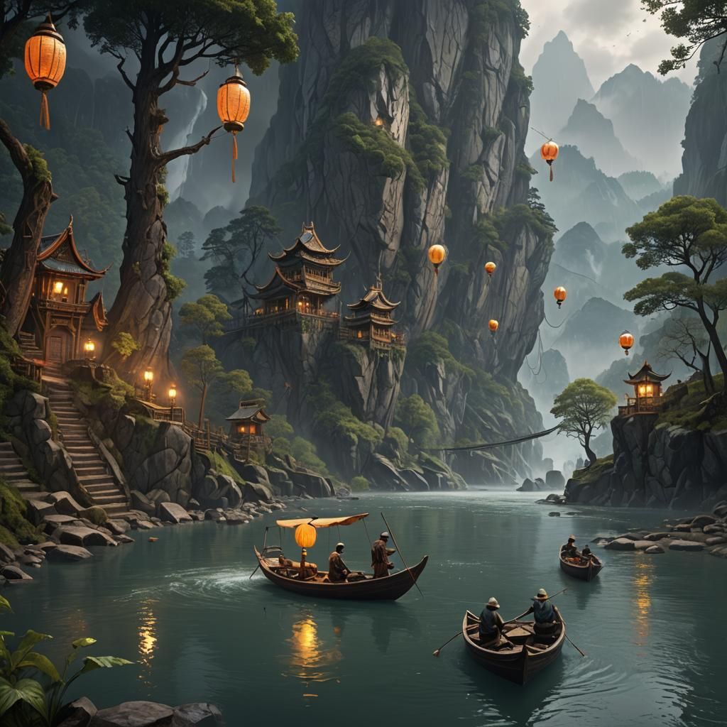 Rainy River Journey with Lanterns: Detailed Matte Painting