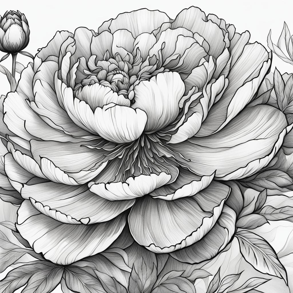 Monochrome Peony: Detailed Single Line Art