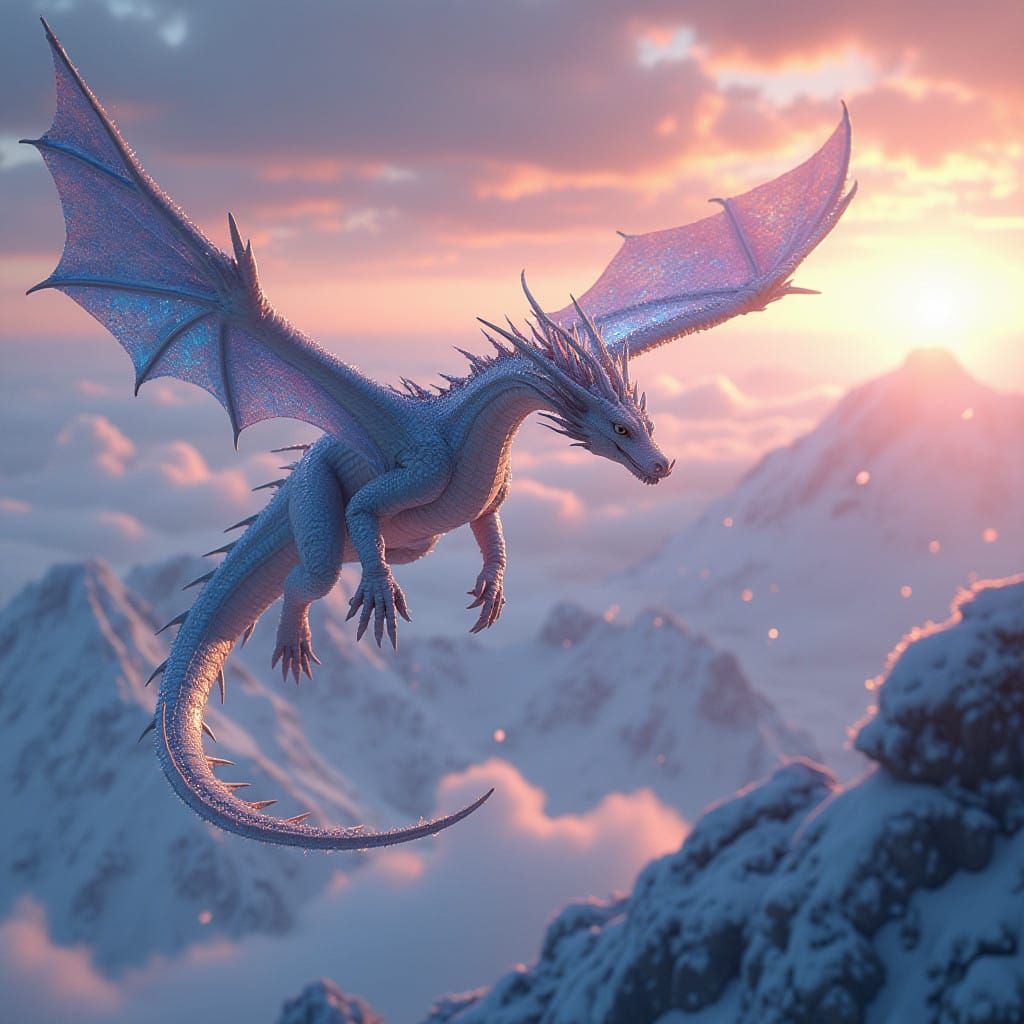 Dragon Soars Over Snowy Mountains at Sunrise in Epic Anime S...