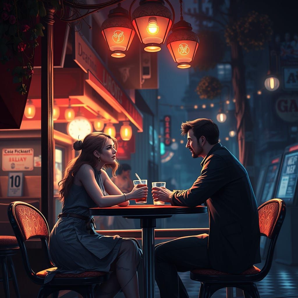 Charming Cafe Couple in Whimsical Nighttime Scene