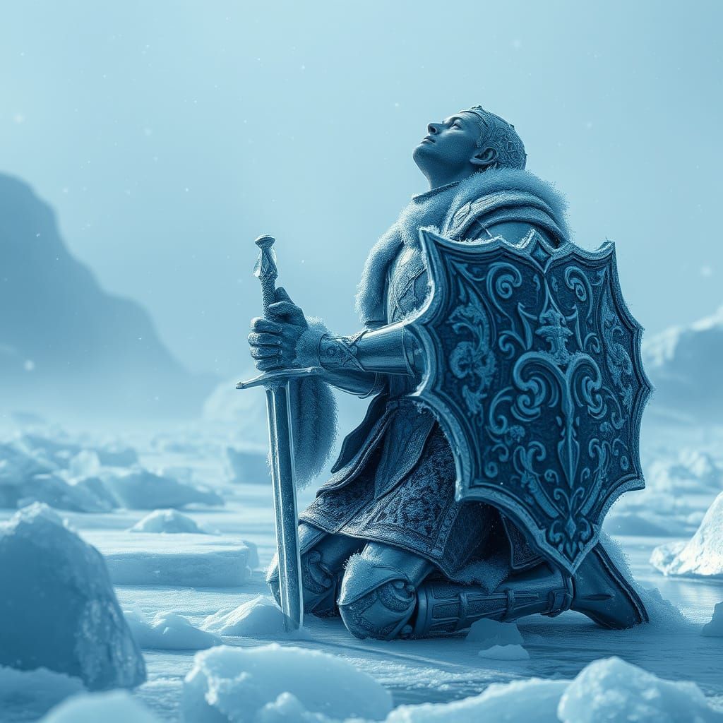 Frozen Knight in Awe, Gazing Upwards in Serene Ominous Lands...