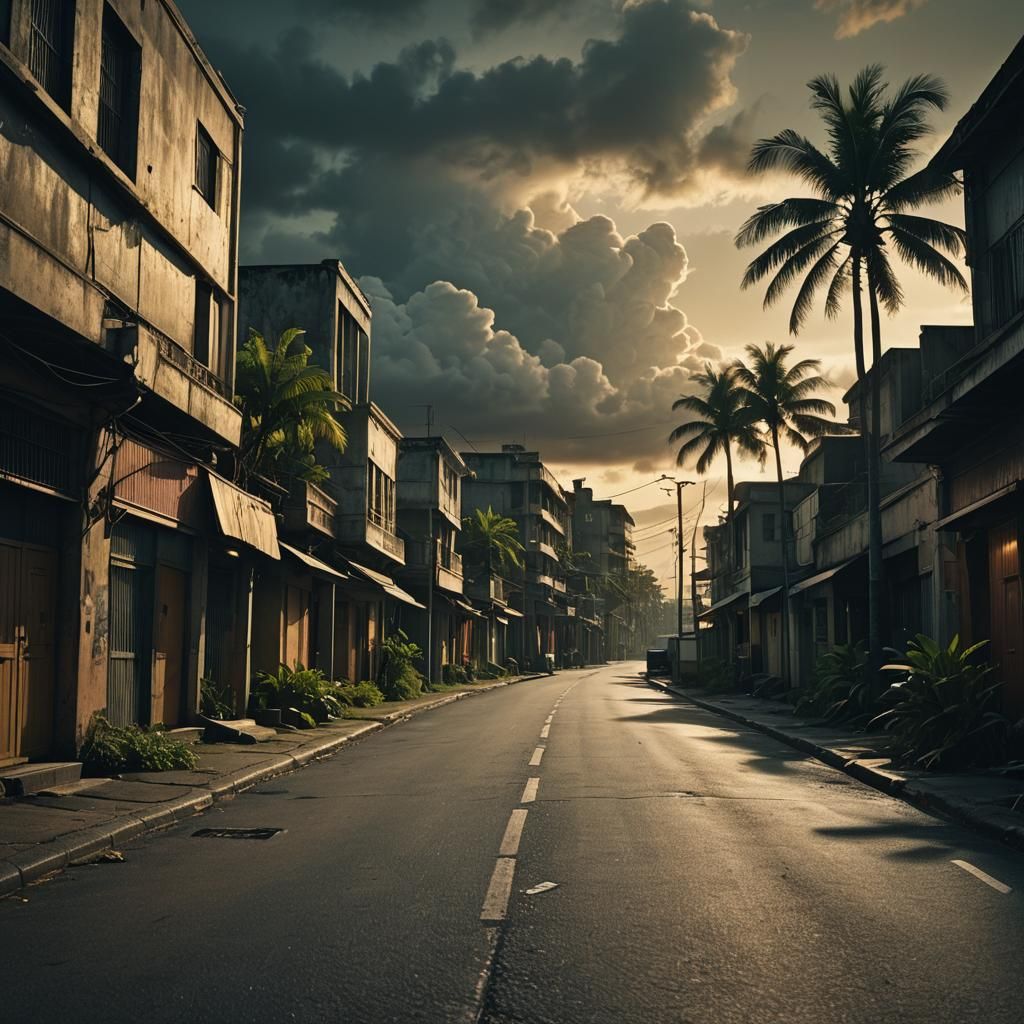 Dystopian City Meets Tropical Island: Cinematic Film Still
