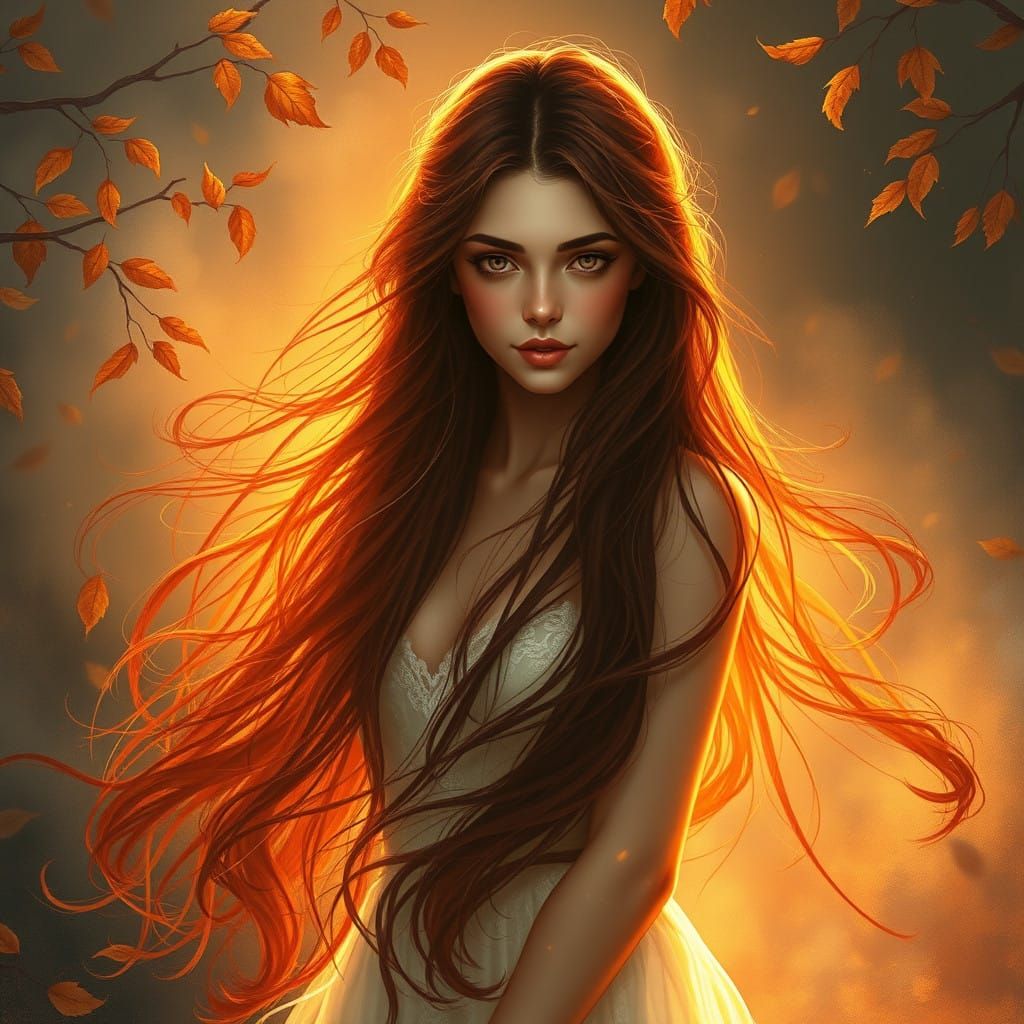 Ethereal Woman Basks in Soft, Golden Glow in Whimsical Autum...