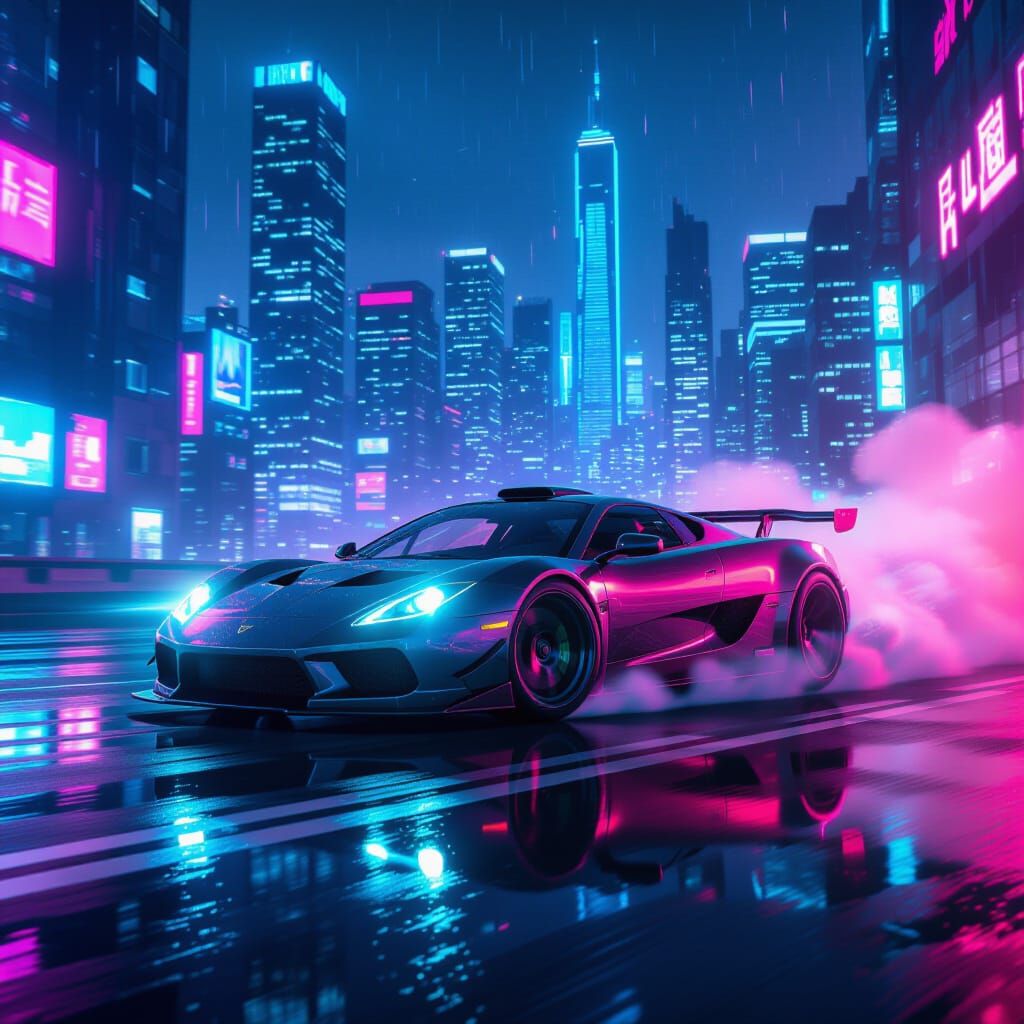 Futuristic City Sports Car Drift in Neon Rain