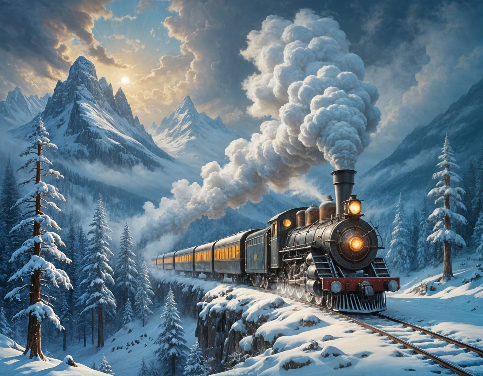 Whimsical Winter Train Journey in Oil Painting Style