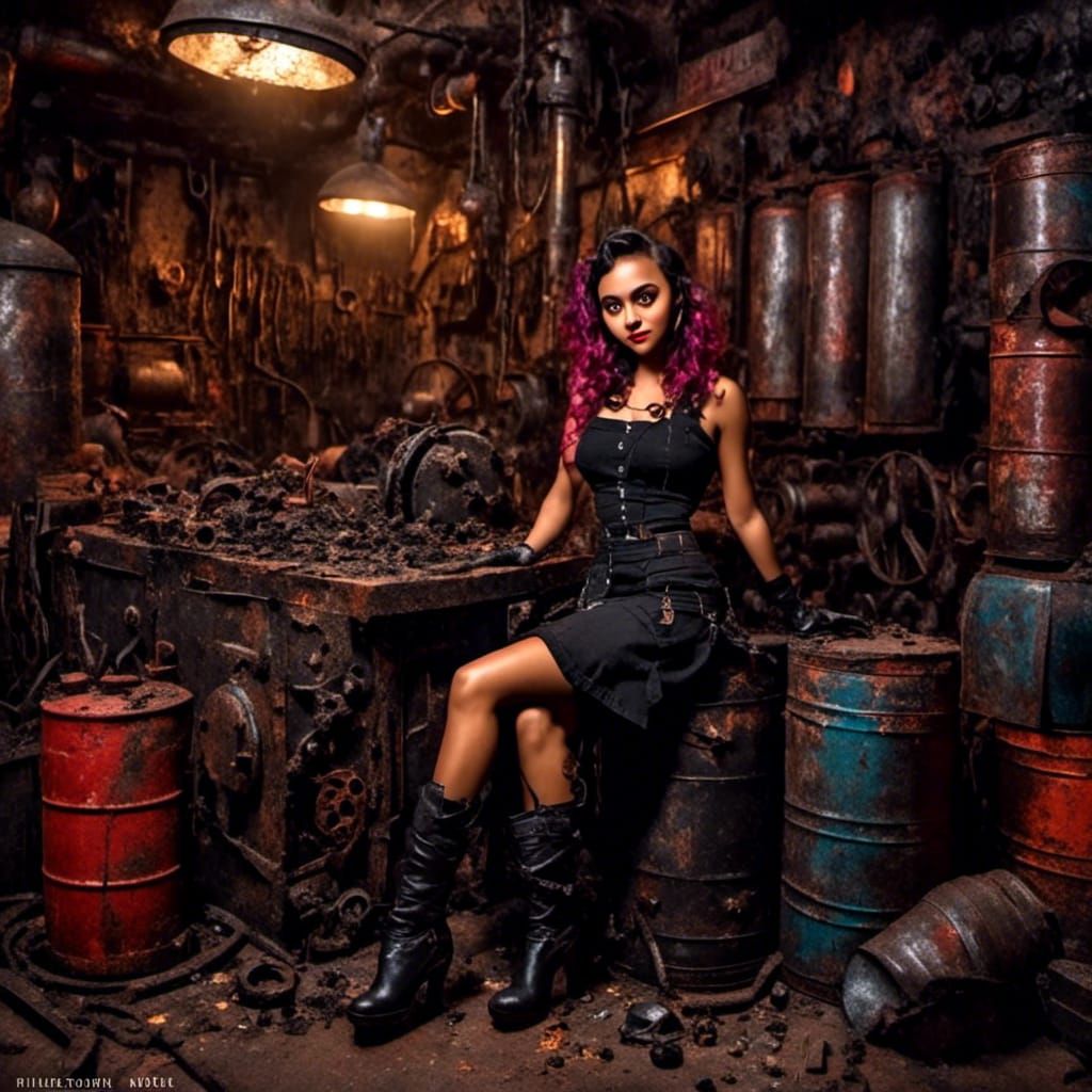 Dieselpunk Woman in Grimdark Industrial Workshop