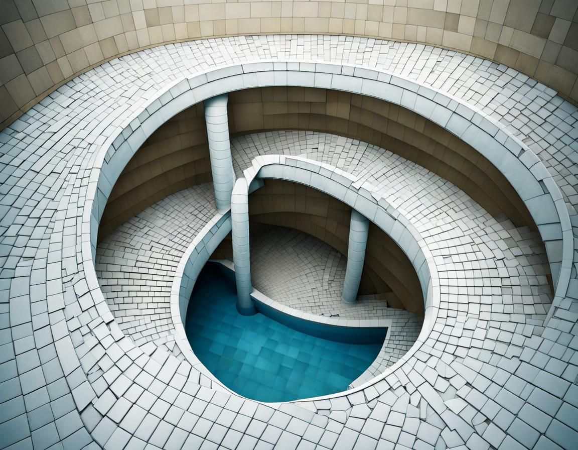 Liminal Space with Water Pools and Spiral Stairway