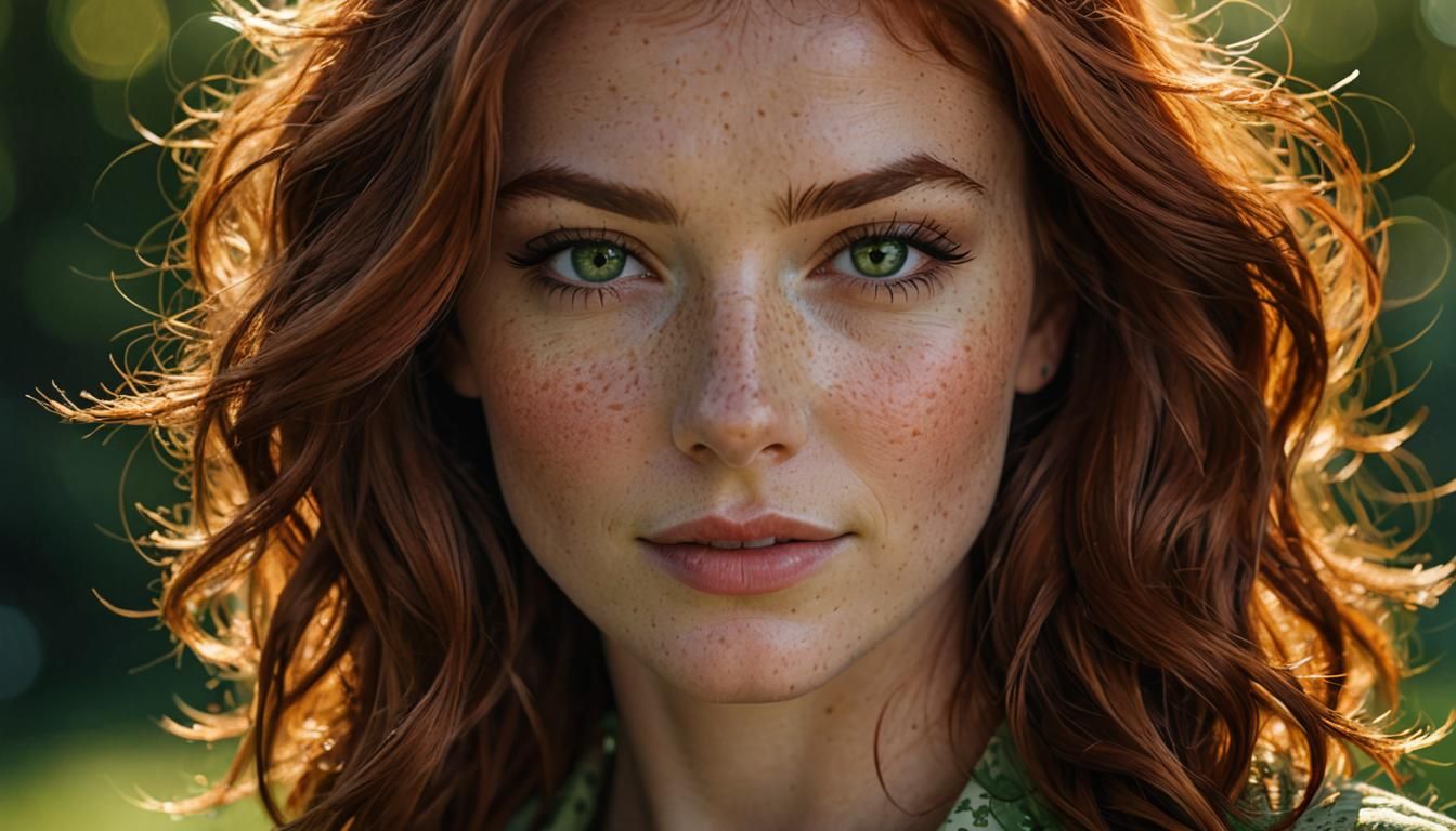 Captivating Auburn Beauty with Green Eyes, Photorealistic Po...