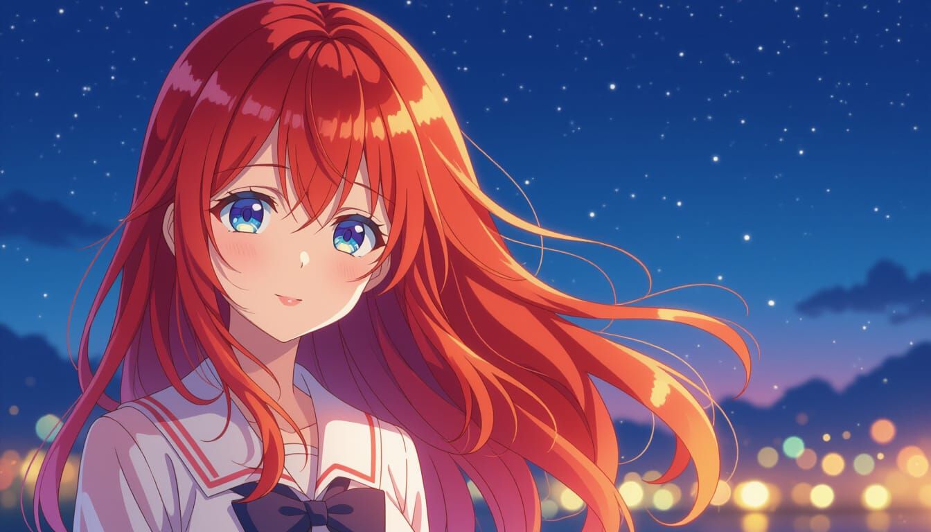 Anime Girl with Fiery Red Hair at Night