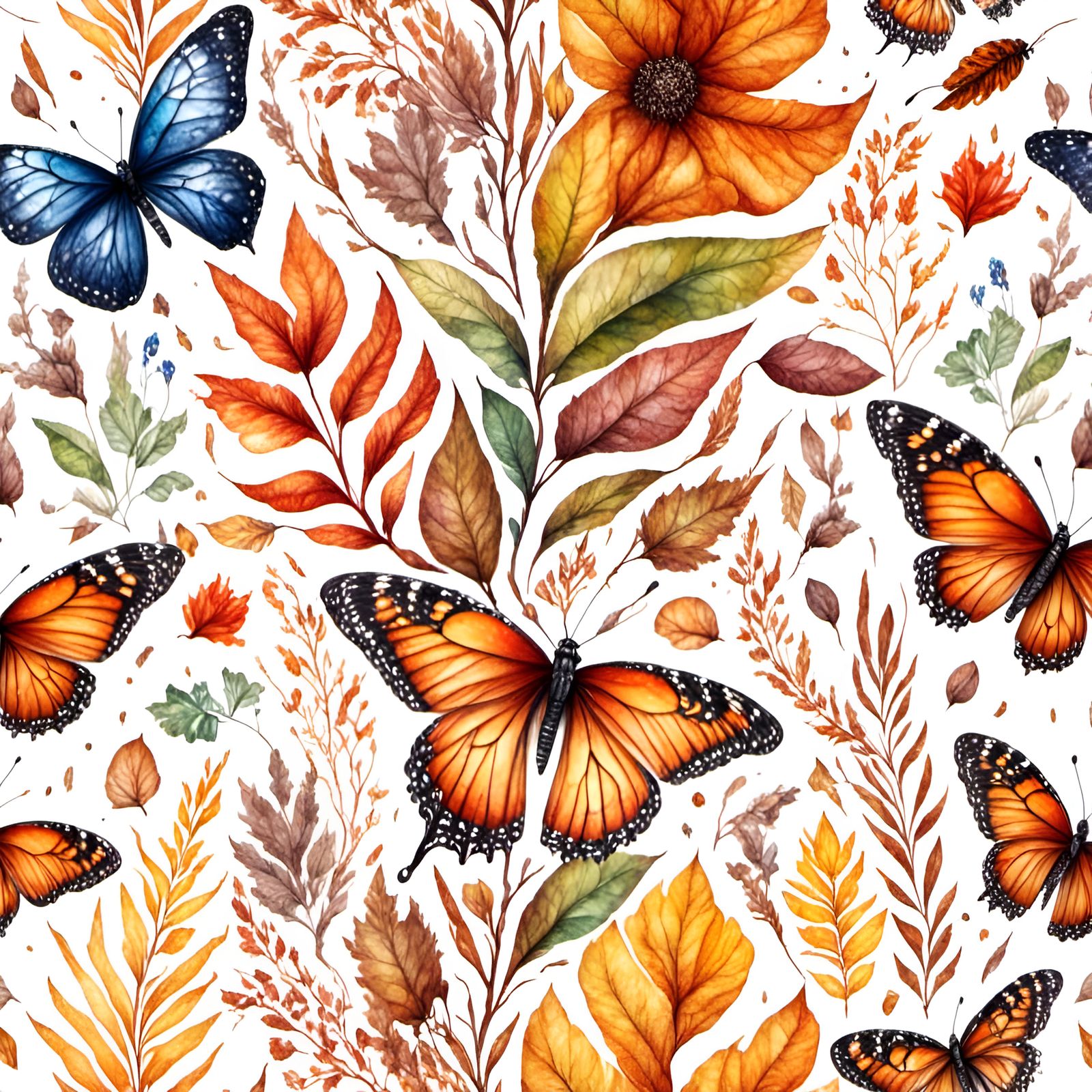 Watercolor Autumn Florals and Butterflies Pattern