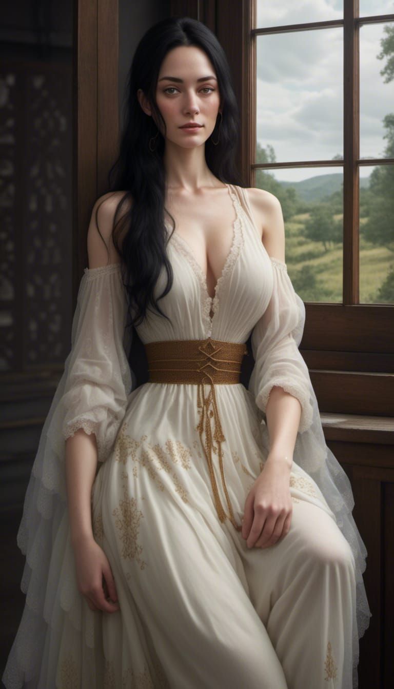 Beautiful Woman with Long Hair in White Dress