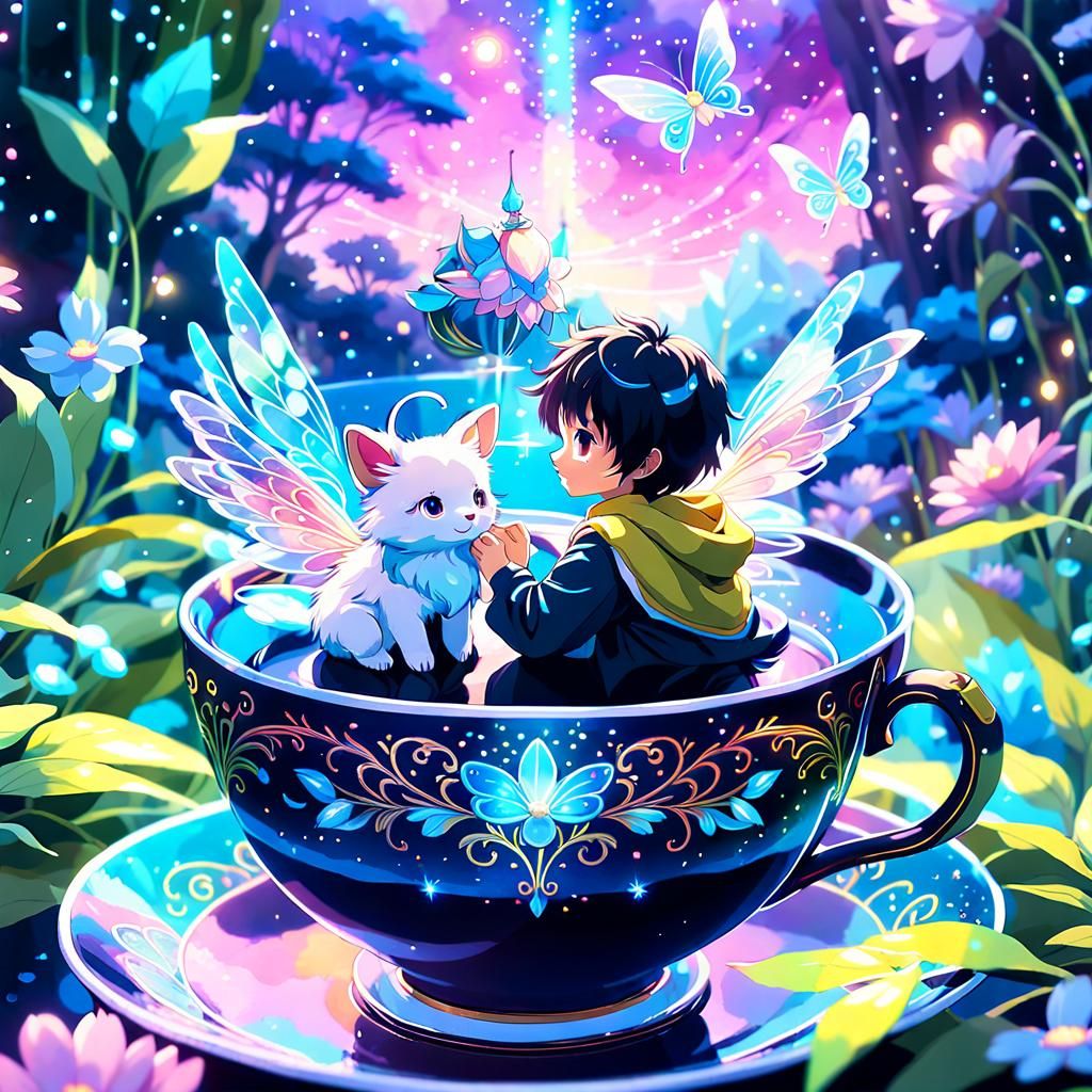 Magical Fairy World in Teacup, Watercolor Art