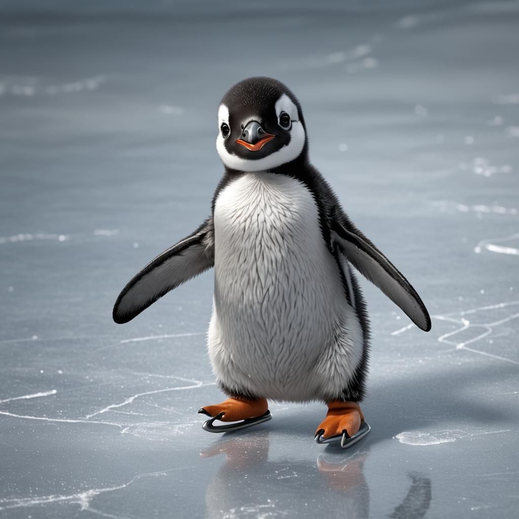 Smiling Baby Penguin Ice Skating: Photorealistic 3D Renderin...