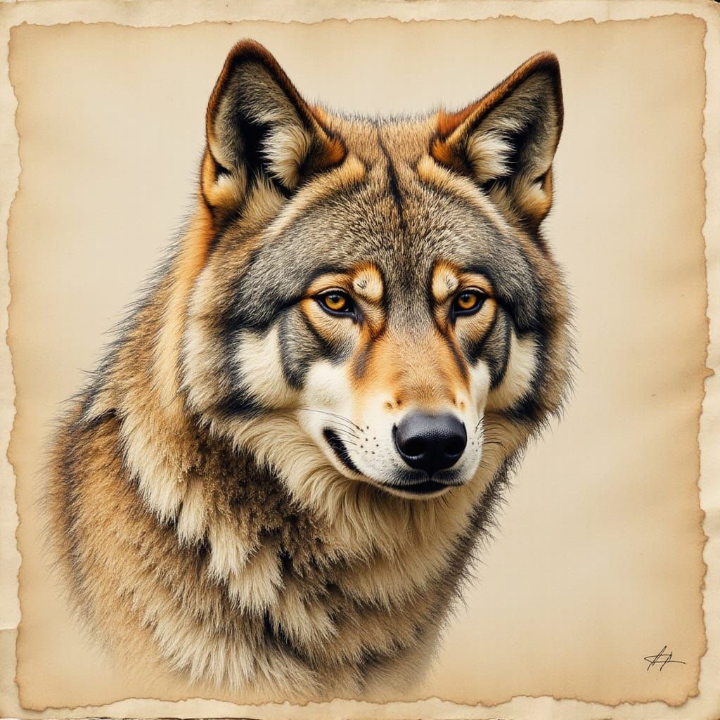 Sepia Pen and Ink Sketch of a Wise Old Wolf