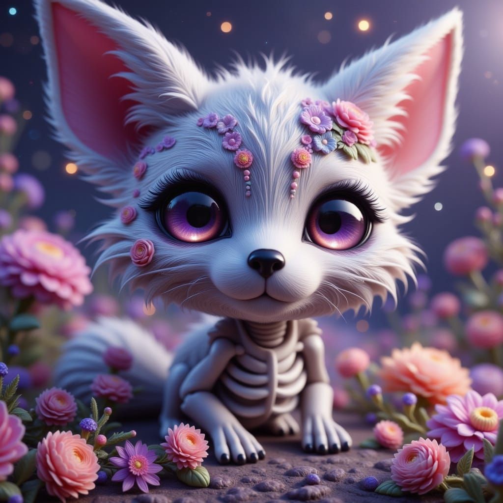 Skeletal Fennec Fox with Purple Eyes in Dreamy, Magical Art