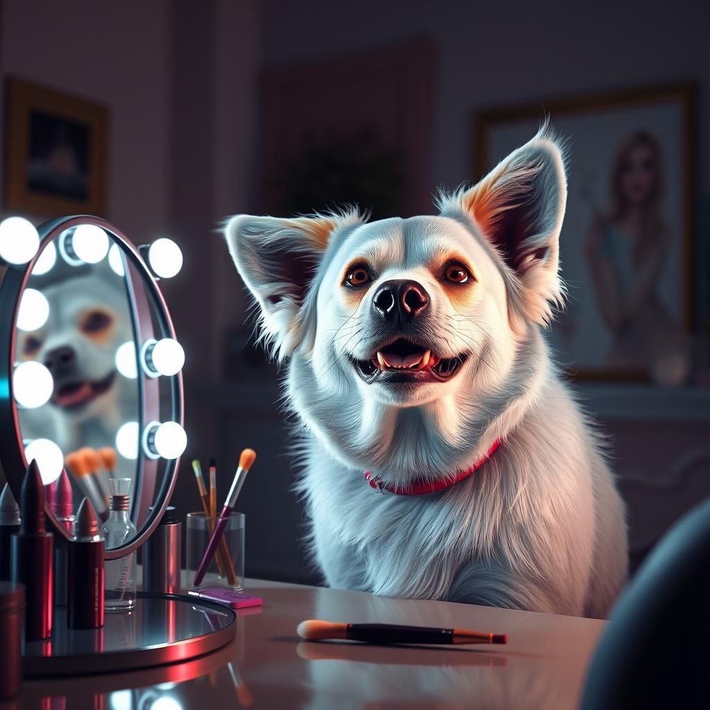 Smiling Dog Applies Makeup: Detailed Fantasy Art