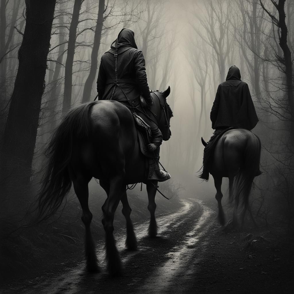 Eerie Horseback Travelers in Dark Wood, Sinister Fantasy