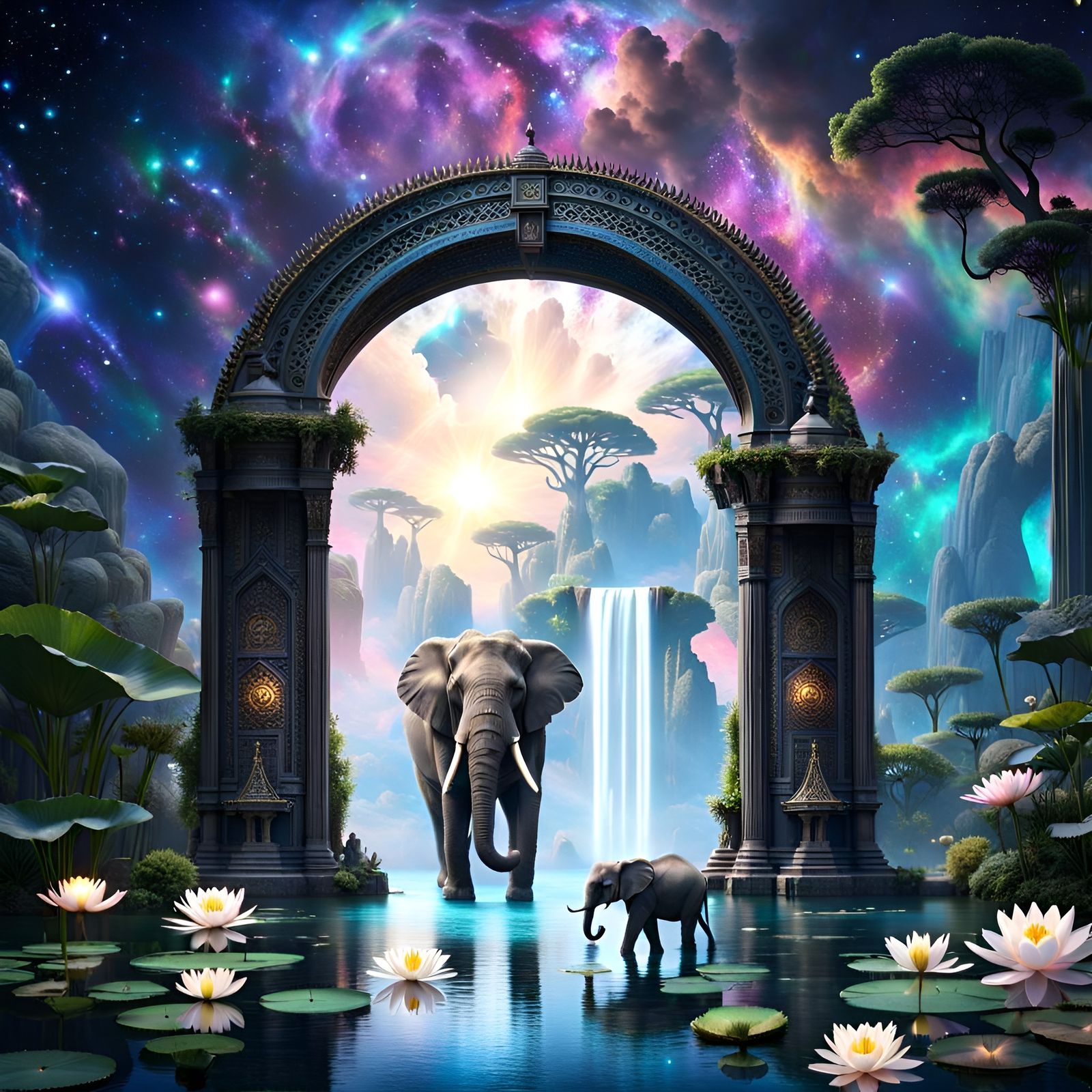 Elephants, Lilies, and Nebula Portal in Romantic Style