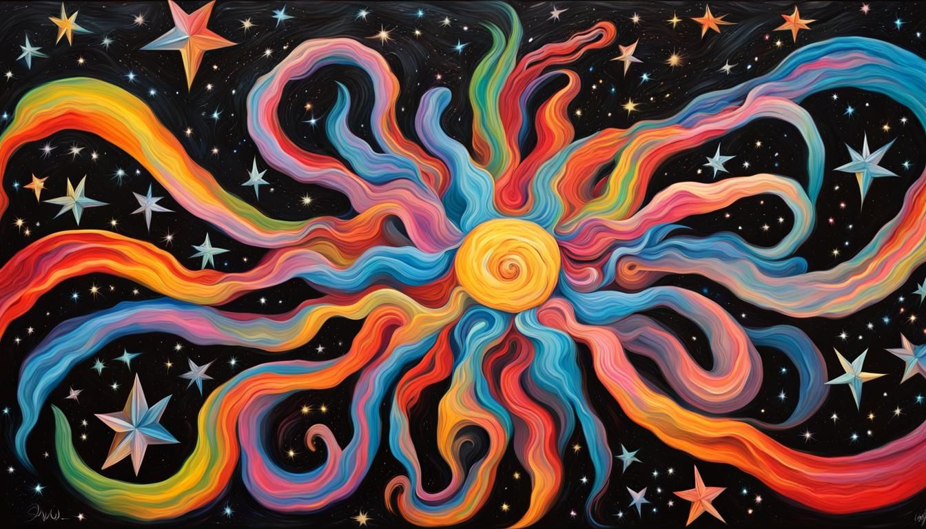 Newborn Star with Electromagnetic Coils, Impasto Oil Paintin...