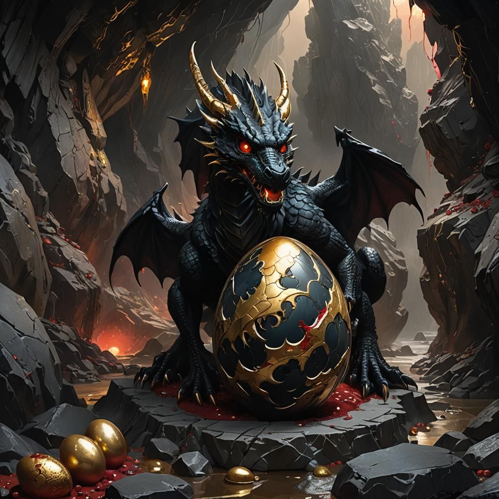 Black Dragon Emerges from Marble and Gold Egg