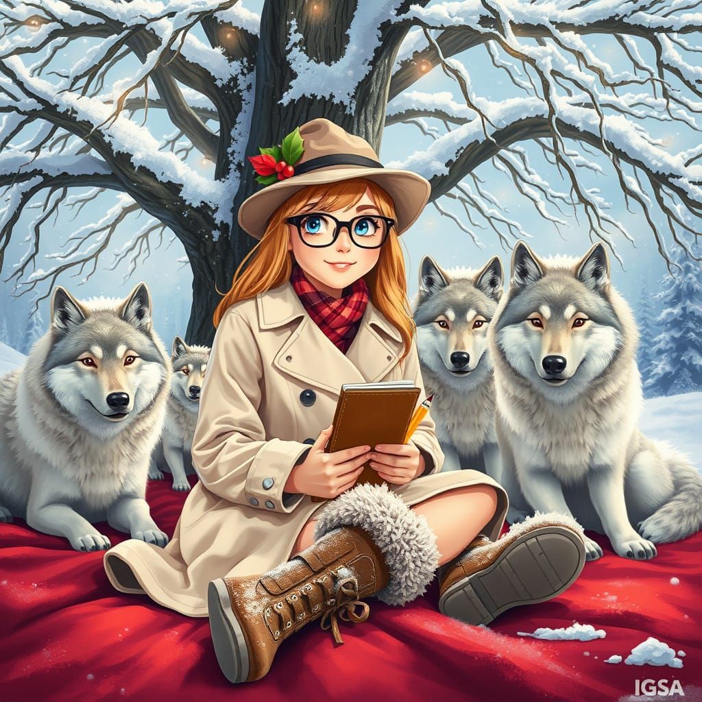 Christmas Winter Scene with Aussie Girl and Silver Wolf Pack