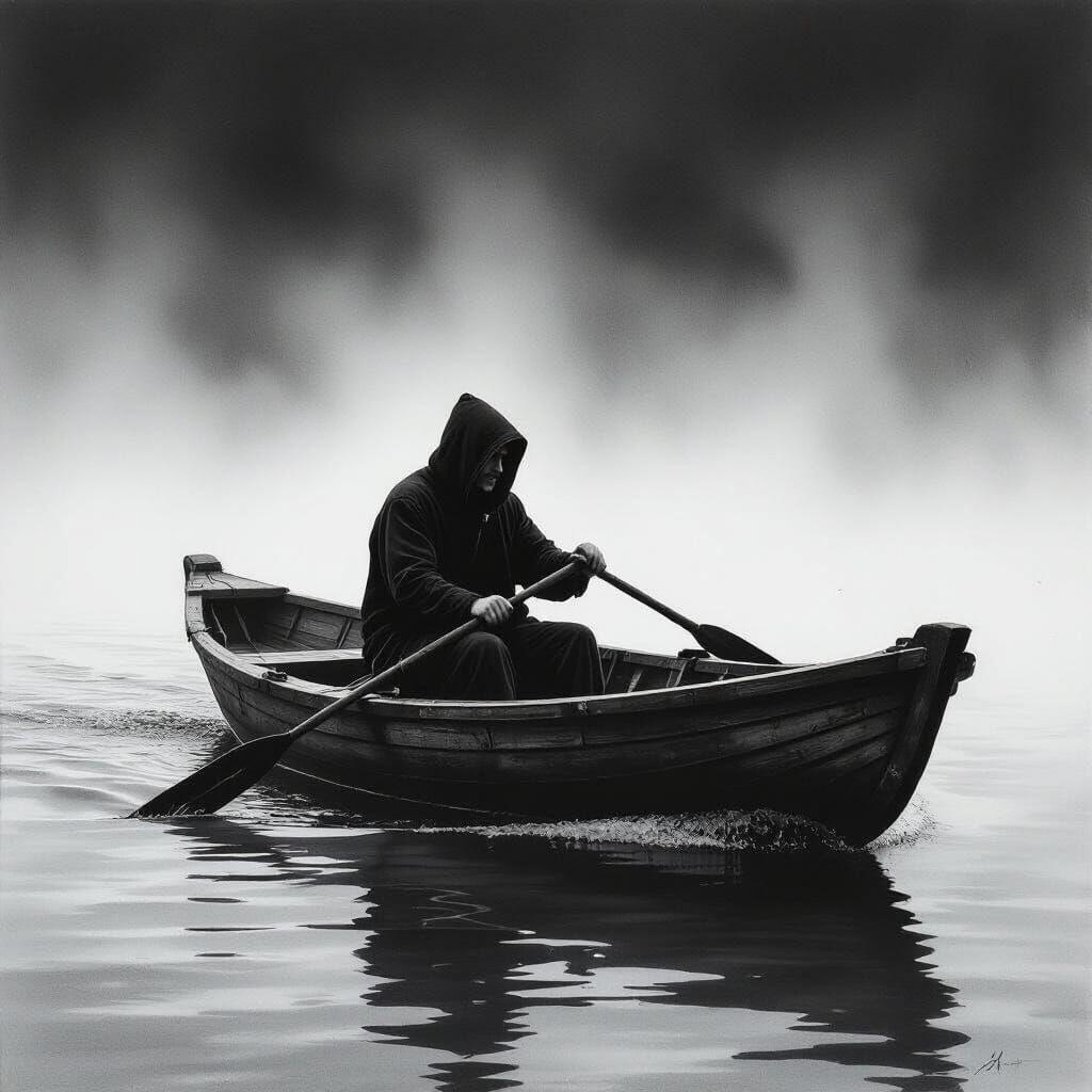Man in Fog Rows Boat in Detailed Pencil Drawing Style
