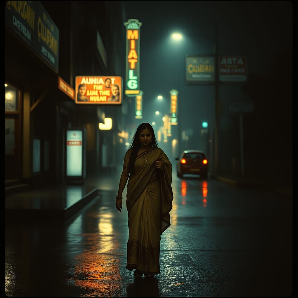 Rainy Night in Mumbai: Vintage Film Still