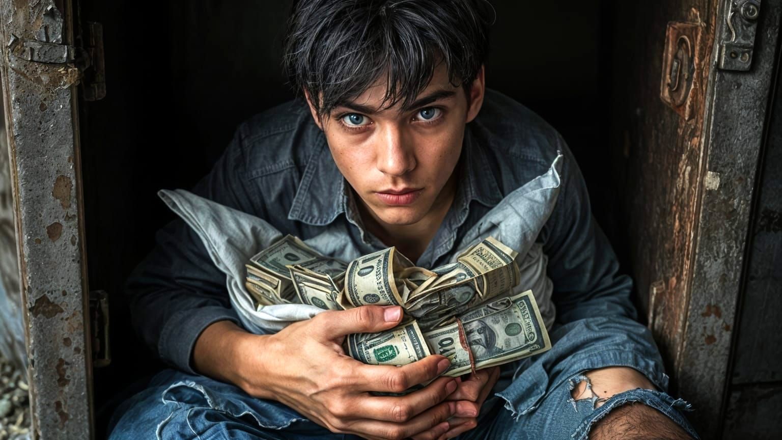 Battered Young Man Looks Up with Tears and Regret