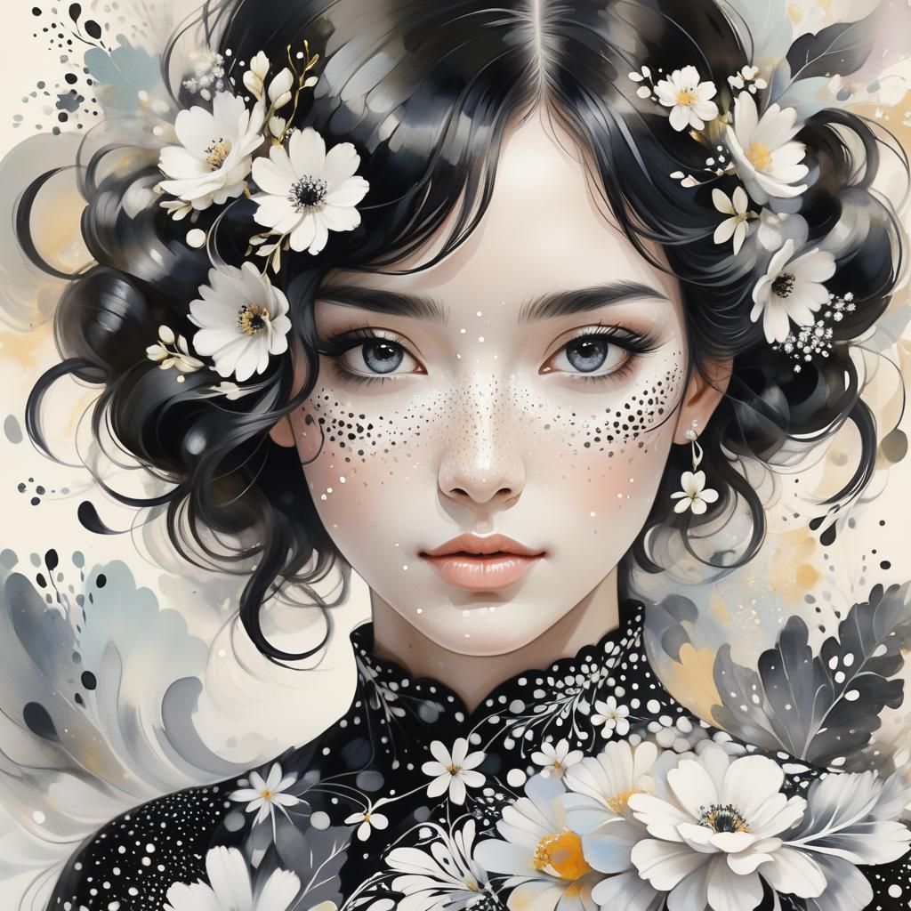 Watercolor Portrait of Girl with Black and White Outfit