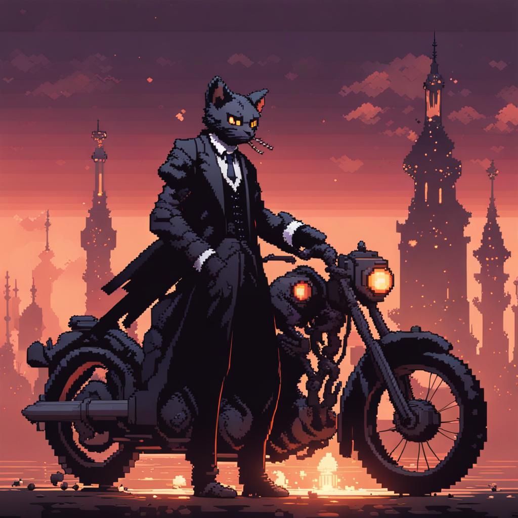 Gothic Punk Cat in Pixel Art Style