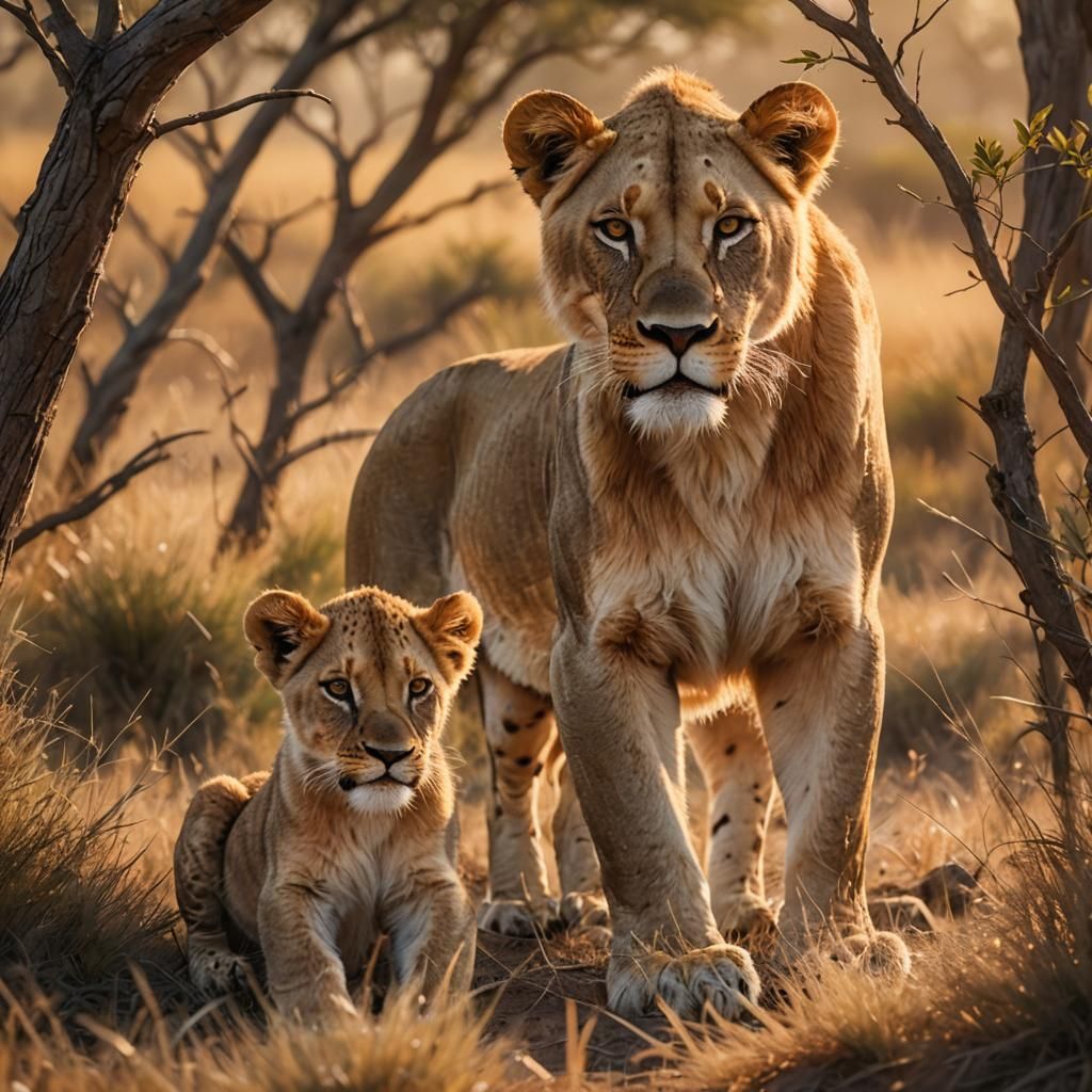 Lioness Teaching Cub Hunting Skills: Matte Painting