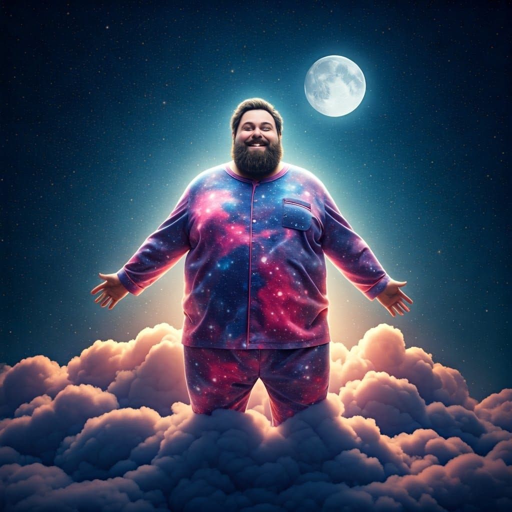 Joyful Man Leaps from Clouds in Starry Night Sky