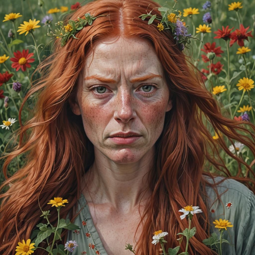 Unflattering Close-Up of Redhead with Flower Crown