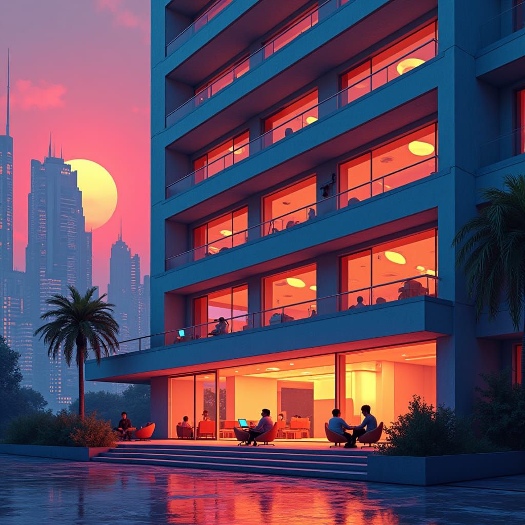 Neon Apartment Building at Dusk in Synthwave Style
