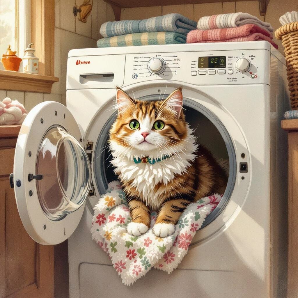 Curious Cat in Cozy Laundry Room, Beatrix Potter Style