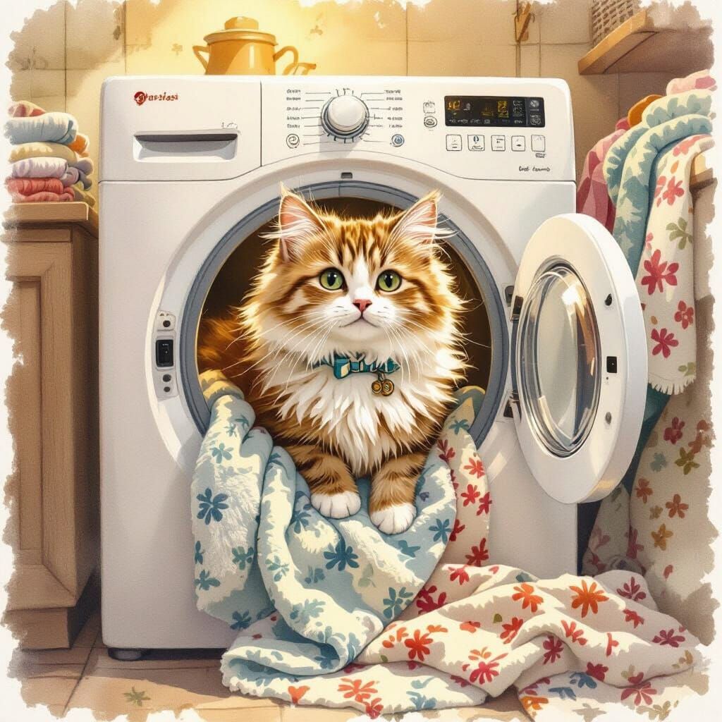 Cat Emerging from Dryer in Cozy Laundry Room