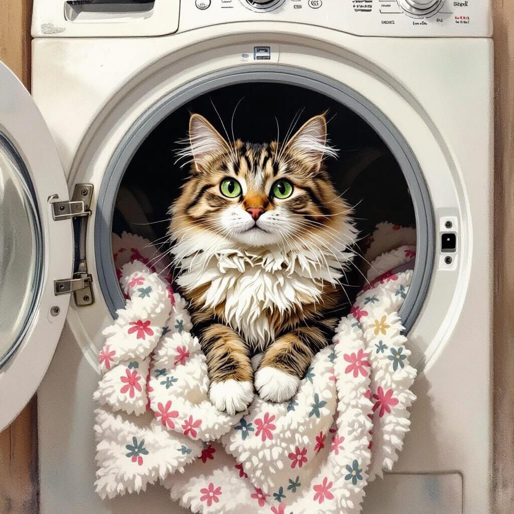 Curious Cat Emerges from Dryer, Beatrix Potter Style