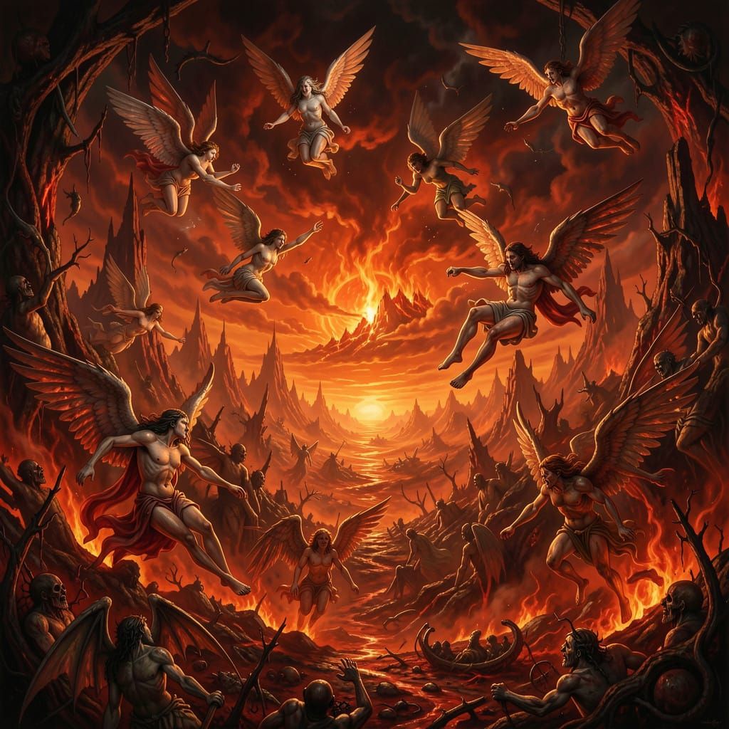 Angelic Figures Fall in Epic Apocalypse Landscape
