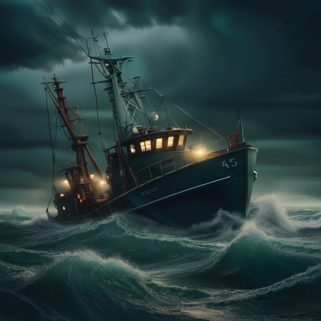 Dramatic Trawler Fishing in Heavy Seas: 4K Digital Painting