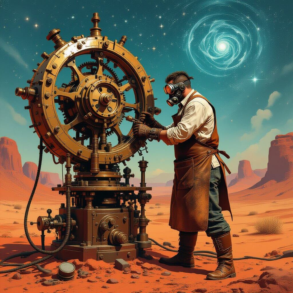 Steampunk Inventor and Clockwork Contraption in Desert