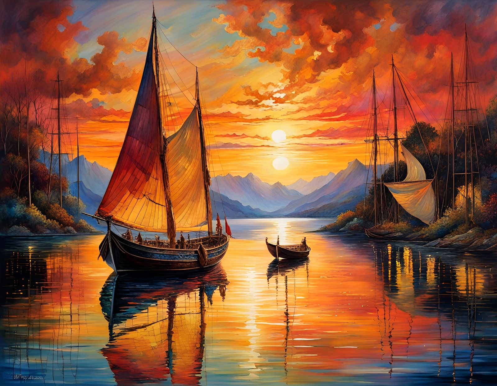 Sailboat at Sunset: Intricate Watercolor Painting